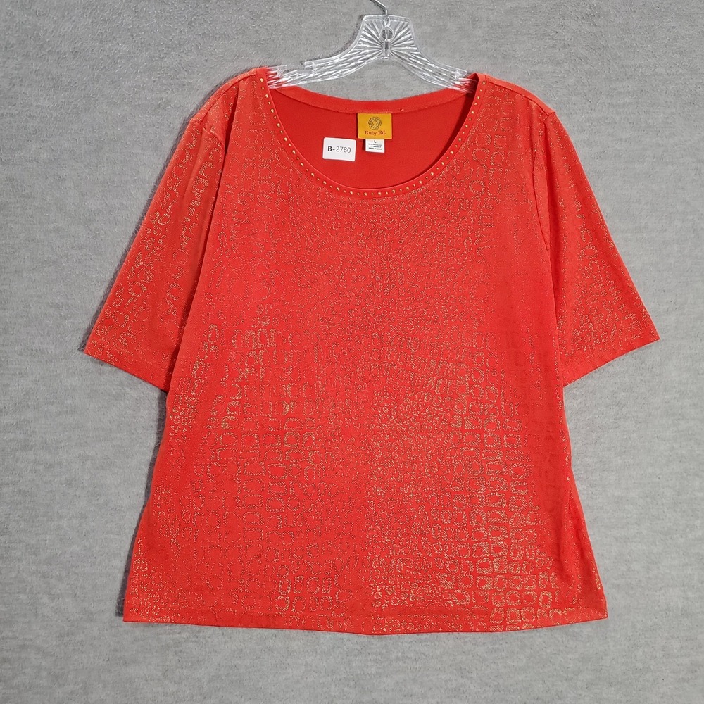 Ruby Rd. Women Top Large Red Shirt Studded Round Neck Short Sleeve Tee Pullover